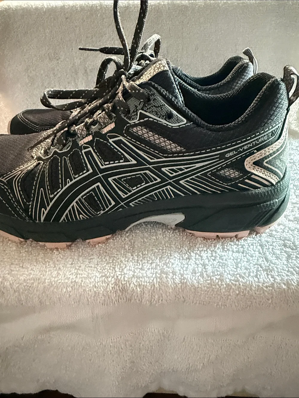Asics Woman’s   Black Athletic Trail Shoes with Pink Accents